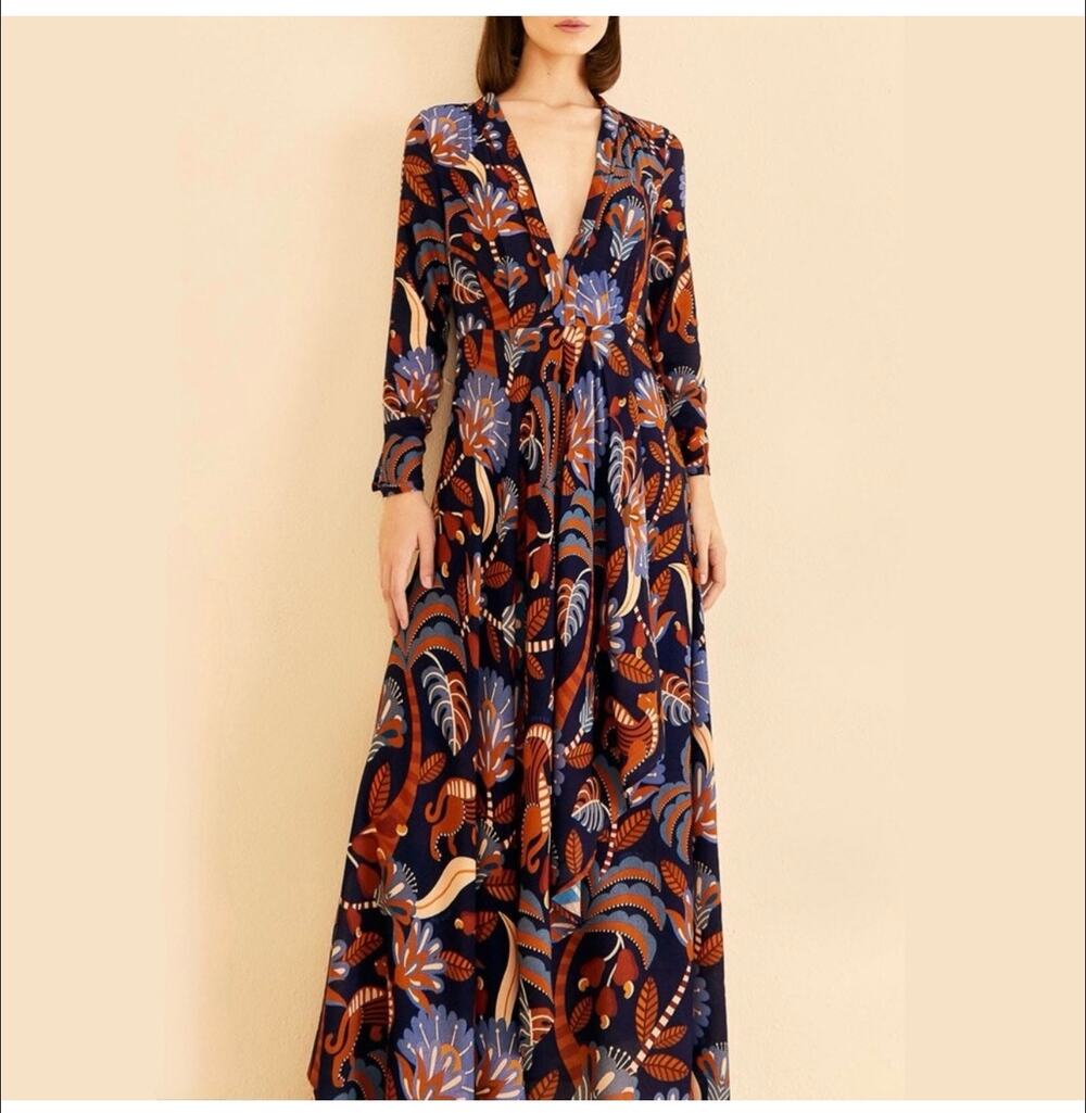 FARM RIO Nature Beauty Blue Long Sleeve V Neckline Maxi Dress Nature Beauty Blue